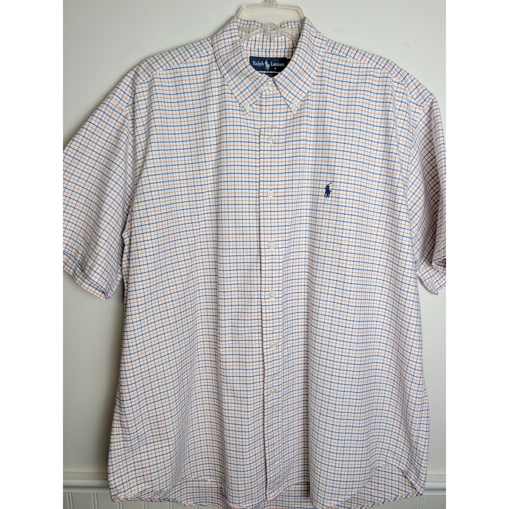 Ralph Lauren Blake Shirt Mens XL Short Sleeve 100% Cotton Blue Orange Plaid